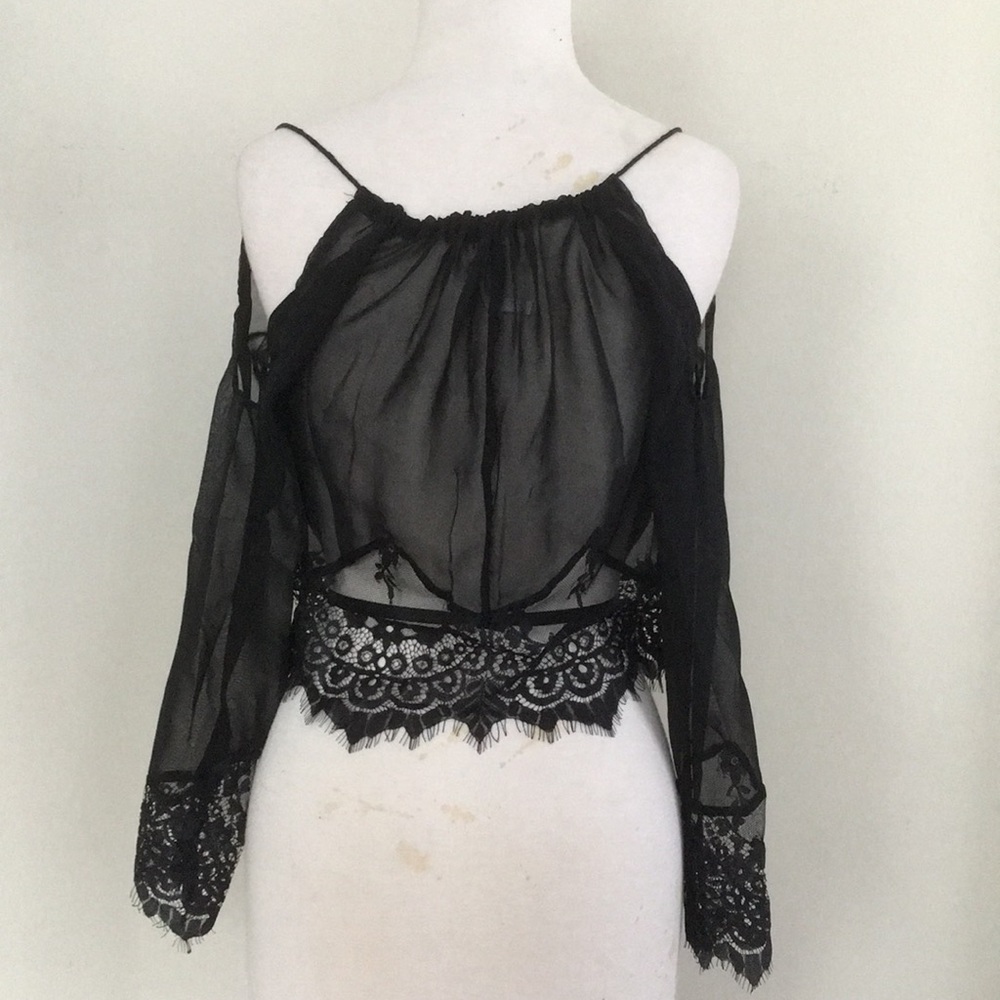 Shear Chiffon Black Lace Crop Top M - Picture 4 of 4
